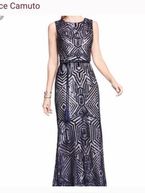 Vince Camuto Navy Geometric Sequin Maxi Dress